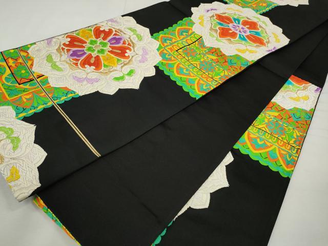 平和屋着物◎六通柄袋帯　唐織　正倉院花文　黒地　金糸　正絹　逸品　CABJ3734qe