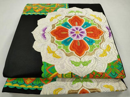 平和屋着物◎六通柄袋帯　唐織　正倉院花文　黒地　金糸　正絹　逸品　CABJ3734qe