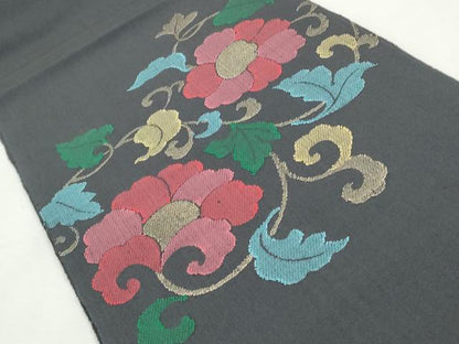 平和屋着物◎八寸名古屋帯　更紗花唐草文　黒地　金糸　正絹　逸品　CABJ3765qe
