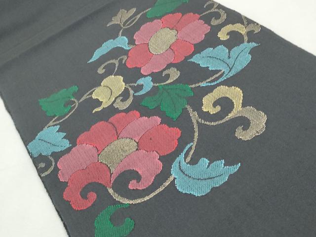 平和屋着物◎八寸名古屋帯　更紗花唐草文　黒地　金糸　正絹　逸品　CABJ3765qe