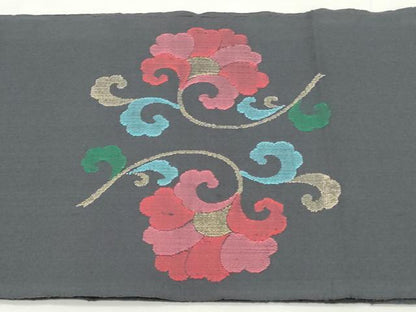 平和屋着物◎八寸名古屋帯　更紗花唐草文　黒地　金糸　正絹　逸品　CABJ3765qe