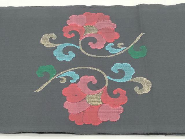 平和屋着物◎八寸名古屋帯　更紗花唐草文　黒地　金糸　正絹　逸品　CABJ3765qe