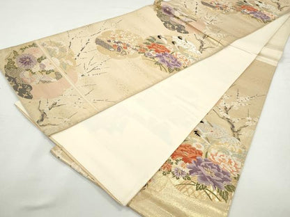 平和屋着物◎六通柄袋帯　雪輪枝梅花鳥文　金糸　正絹　逸品　CABJ3767qe