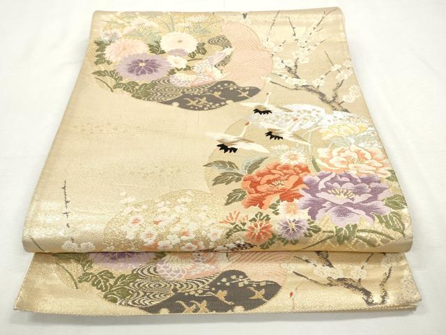 平和屋着物◎六通柄袋帯　雪輪枝梅花鳥文　金糸　正絹　逸品　CABJ3767qe