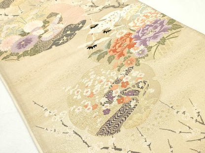 平和屋着物◎六通柄袋帯　雪輪枝梅花鳥文　金糸　正絹　逸品　CABJ3767qe