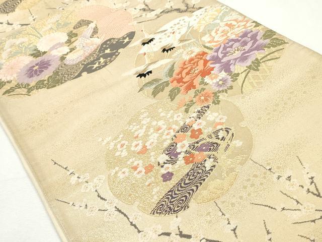 平和屋着物◎六通柄袋帯　雪輪枝梅花鳥文　金糸　正絹　逸品　CABJ3767qe