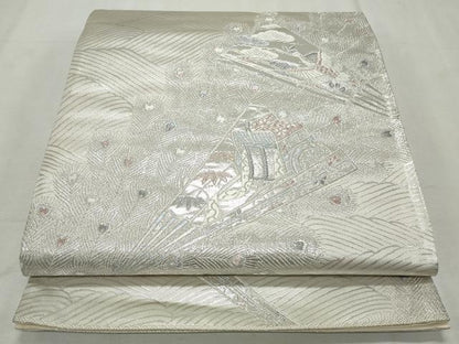 平和屋着物◎六通柄袋帯　唐織　孔雀羽扇面文　銀糸　正絹　逸品　CABJ3773qe