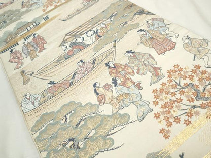 平和屋着物◎六通柄袋帯　唐織　隅田川舟遊之図　金糸　正絹　逸品　CABJ3784qe
