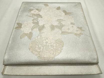 平和屋着物◎太鼓柄袋帯　草花陶器文　プラチナ金箔　正絹　逸品　CABJ3785qe