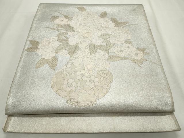 平和屋着物◎太鼓柄袋帯　草花陶器文　プラチナ金箔　正絹　逸品　CABJ3785qe
