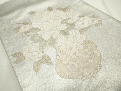 平和屋着物◎太鼓柄袋帯　草花陶器文　プラチナ金箔　正絹　逸品　CABJ3785qe