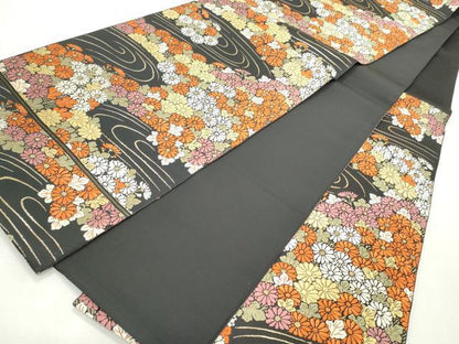 平和屋着物◎六通柄袋帯　唐織　流水草花文　黒地　金糸　正絹　逸品　CABJ3786qe