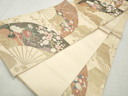 平和屋着物◎六通柄袋帯　唐織　扇面草花文　金糸　正絹　逸品　CABJ3795qe
