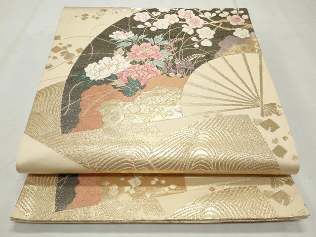 平和屋着物◎六通柄袋帯　唐織　扇面草花文　金糸　正絹　逸品　CABJ3795qe