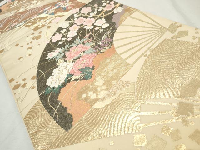 平和屋着物◎六通柄袋帯　唐織　扇面草花文　金糸　正絹　逸品　CABJ3795qe