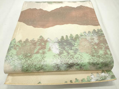 平和屋着物◎六通柄袋帯　遠山樹林文　銀糸　引箔　正絹　逸品　CABJ3801qe