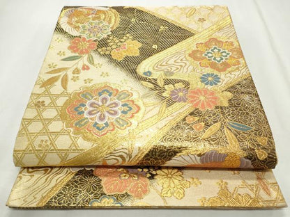 平和屋着物◎六通柄袋帯　鳳凰雪輪草花文　金糸　正絹　逸品　CABJ3807qe