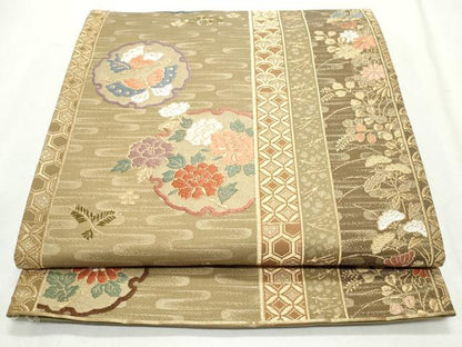 平和屋着物◎六通柄袋帯　唐織　エ霞雪輪花蝶文　金糸　正絹　逸品　CABJ3811qe