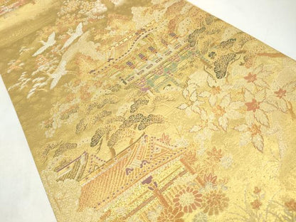 平和屋着物◎六通柄袋帯　風景花鳥文　金銀糸　正絹　逸品　CABJ3821qe