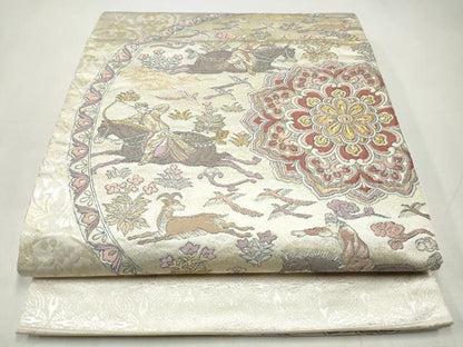 平和屋着物◎太鼓柄袋帯　草花狩猟文　金銀糸　正絹　逸品　CABJ3823qe