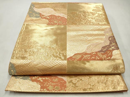 平和屋着物◎六通柄袋帯　市松流水草花文　正絹　逸品　CABJ3834qe