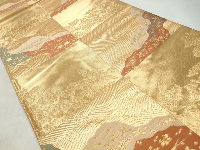 平和屋着物◎六通柄袋帯　市松流水草花文　正絹　逸品　CABJ3834qe