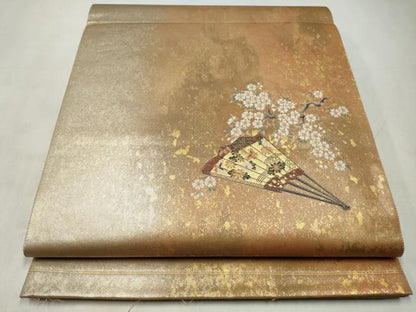 平和屋着物◎太鼓柄袋帯　唐織　檜扇枝花文　金糸　引箔　正絹　逸品　CABJ3835qe