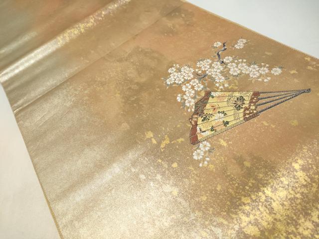 平和屋着物◎太鼓柄袋帯　唐織　檜扇枝花文　金糸　引箔　正絹　逸品　CABJ3835qe