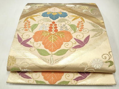 平和屋着物◎六通柄袋帯　唐織　花唐草菱文　金銀糸　正絹　逸品　CABJ3839qe