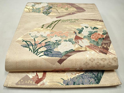 平和屋着物◎六通柄袋帯　唐織　立波地紙花鳥文　金糸　正絹　逸品　CABJ3847qe