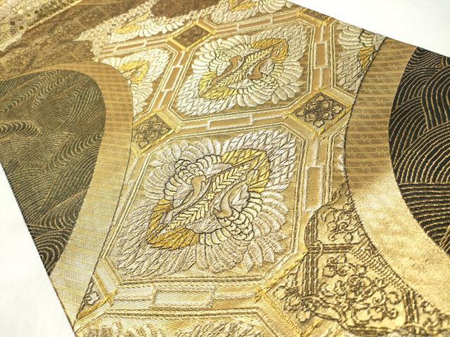 平和屋着物◎六通柄袋帯　蜀江双鶴花文　黒地　金糸　正絹　逸品　CABJ3853qe