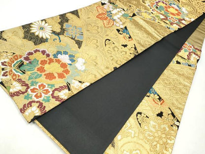 平和屋着物◎六通柄袋帯　唐織　花蝶文　黒地　金糸　正絹　逸品　CABJ3855qe