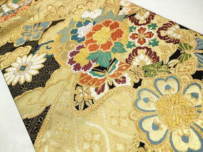 平和屋着物◎六通柄袋帯　唐織　花蝶文　黒地　金糸　正絹　逸品　CABJ3855qe