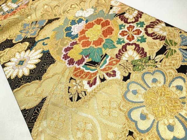平和屋着物◎六通柄袋帯　唐織　花蝶文　黒地　金糸　正絹　逸品　CABJ3855qe