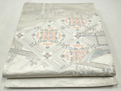 平和屋着物◎太鼓柄袋帯　駒刺繍　雲取り蜀江花文　銀糸　正絹　逸品　CABJ3857qe
