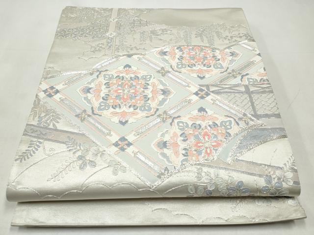 平和屋着物◎太鼓柄袋帯　駒刺繍　雲取り蜀江花文　銀糸　正絹　逸品　CABJ3857qe
