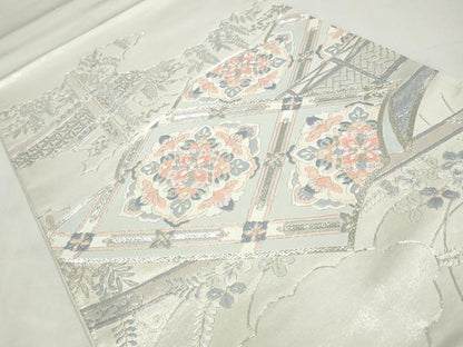 平和屋着物◎太鼓柄袋帯　駒刺繍　雲取り蜀江花文　銀糸　正絹　逸品　CABJ3857qe