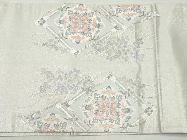 平和屋着物◎太鼓柄袋帯　駒刺繍　雲取り蜀江花文　銀糸　正絹　逸品　CABJ3857qe