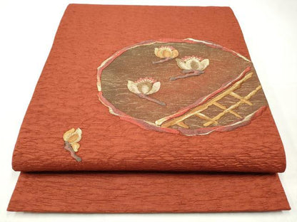 平和屋着物◎太鼓柄袋帯　刺繍　ふくれ織　草花文　金糸　正絹　逸品　CABJ3859qe
