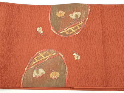平和屋着物◎太鼓柄袋帯　刺繍　ふくれ織　草花文　金糸　正絹　逸品　CABJ3859qe