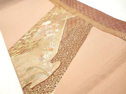 平和屋着物◎太鼓柄袋帯　駒刺繍　吉祥草花文　金彩　正絹　逸品　CABJ3863qe