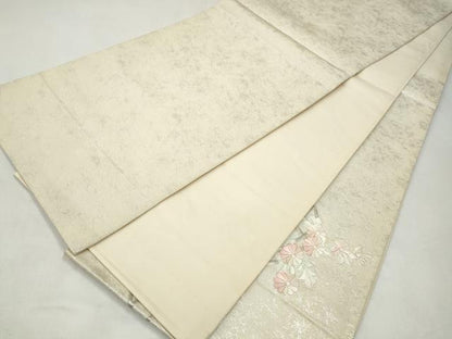 平和屋着物◎太鼓柄袋帯　総刺繍　扇面草花文　銀糸　正絹　逸品　CABJ3864qe