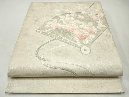 平和屋着物◎太鼓柄袋帯　総刺繍　扇面草花文　銀糸　正絹　逸品　CABJ3864qe