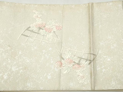 平和屋着物◎太鼓柄袋帯　総刺繍　扇面草花文　銀糸　正絹　逸品　CABJ3864qe