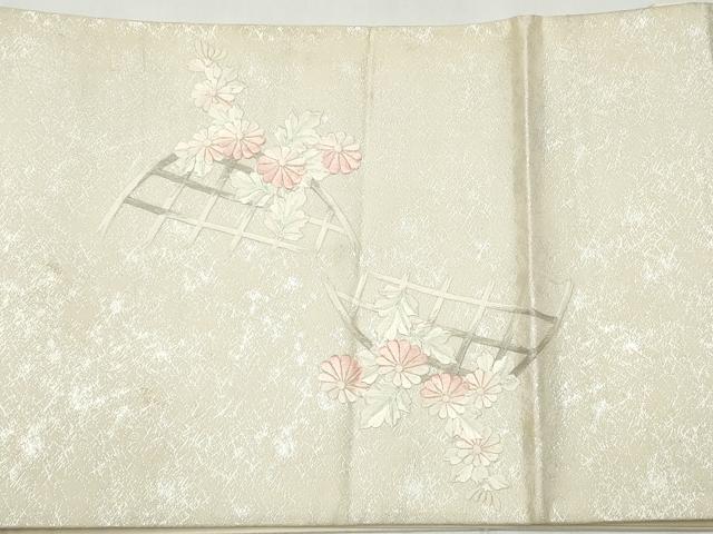 平和屋着物◎太鼓柄袋帯　総刺繍　扇面草花文　銀糸　正絹　逸品　CABJ3864qe