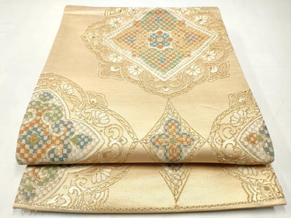 平和屋着物◎六通柄袋帯　幾何学花文　金銀糸　正絹　逸品　CABJ3865qe
