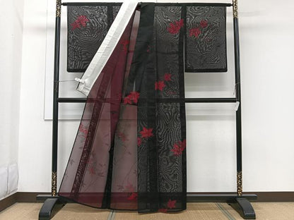 平和屋着物＊夏物　小紋　紗　枝楓文　黒地　正絹　逸品　CABJ4027xi