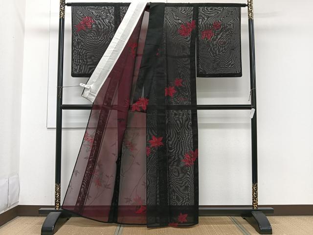 平和屋着物＊夏物　小紋　紗　枝楓文　黒地　正絹　逸品　CABJ4027xi