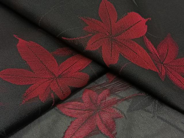 平和屋着物＊夏物　小紋　紗　枝楓文　黒地　正絹　逸品　CABJ4027xi