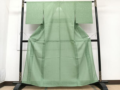 平和屋着物＊夏物　小紋　紗　枝花文　老竹色　正絹　逸品　CABJ4041xi